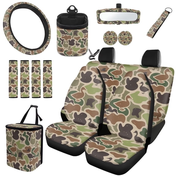 Yuyamidu Duck Camo Front Back Seat Covers for Car Rearview Mirror Cover Steering Wheel Cover Seatbelt Strap Pads Car Trash Bin Air Vent Bag Cup Coasters Keychain, 15PCS