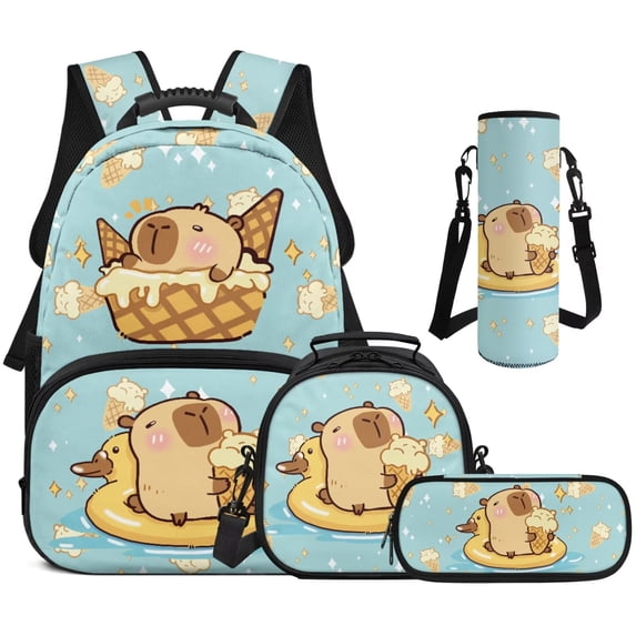 Yuyamidu Duck Capybara Axolotl School Backpack for Boys Girls with Lunch Box Cute Bookbag Set of 4 17 Inch Book Bag with Lunch Bag Pencil Case Water Bottle Bag Blue School Bag and Lunch Tote