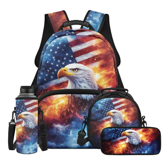 Yuyamidu Eagle Backpack for Kids 8-12 with Lunchbox American Flag School Book Bag for Boys 6-8 Lunch Box Pencil Case Water Bottle Sling Bag Primary School Bookbag and Lunch Bag Set of 4