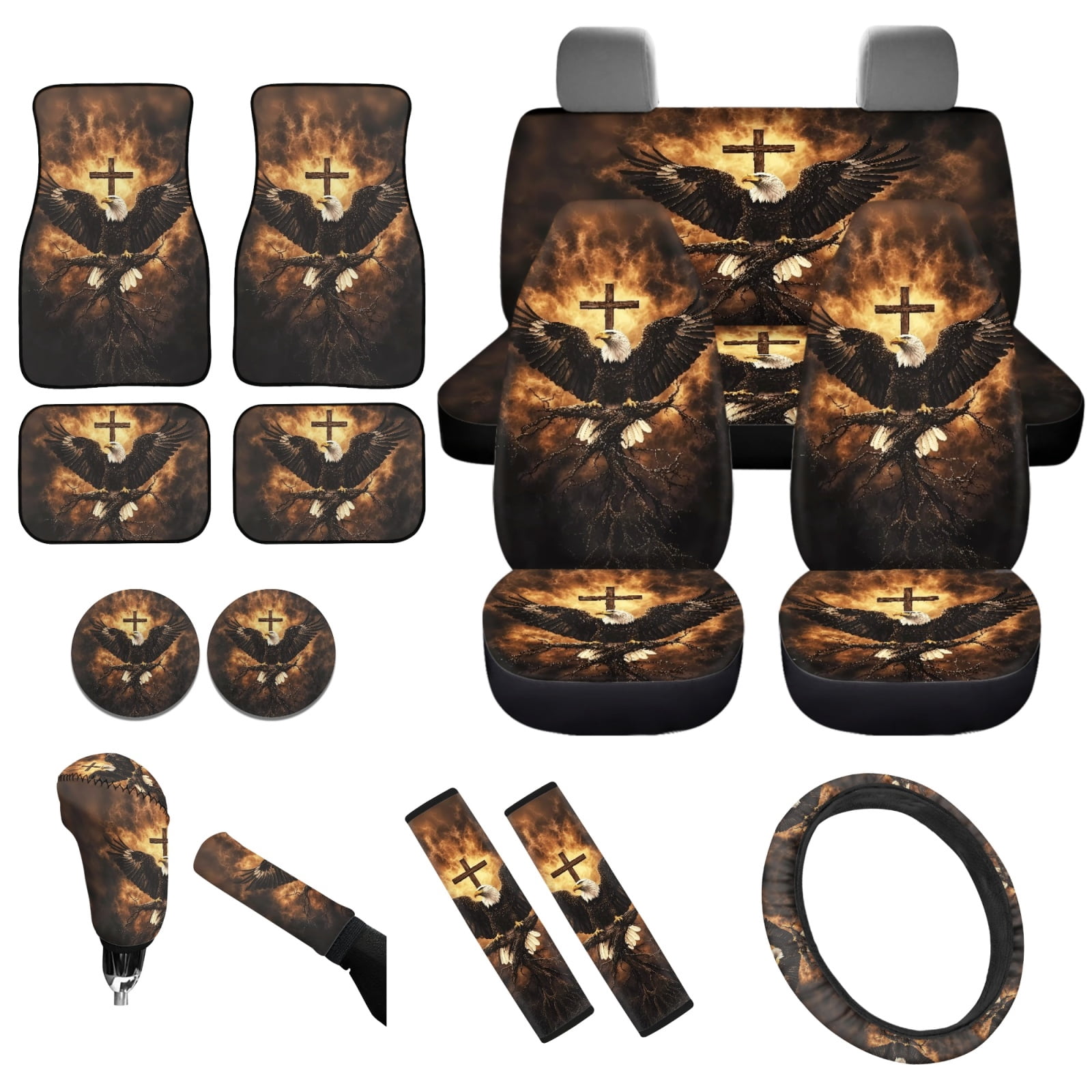 Yuyamidu Eagle Car Seat Cover Full Set with Car Floor Mats Cross Steering Wheel Cover Seatbelt Cover Gear Shift Knob Cover Cup Coasters 15 Pack Auto Accessory for SUV Sedan Van