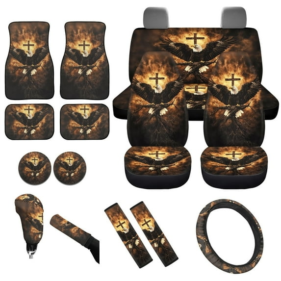 Yuyamidu Eagle Car Seat Cover Full Set with Car Floor Mats Cross Steering Wheel Cover Seatbelt Cover Gear Shift Knob Cover Cup Coasters 15 Pack Auto Accessory for SUV Sedan Van