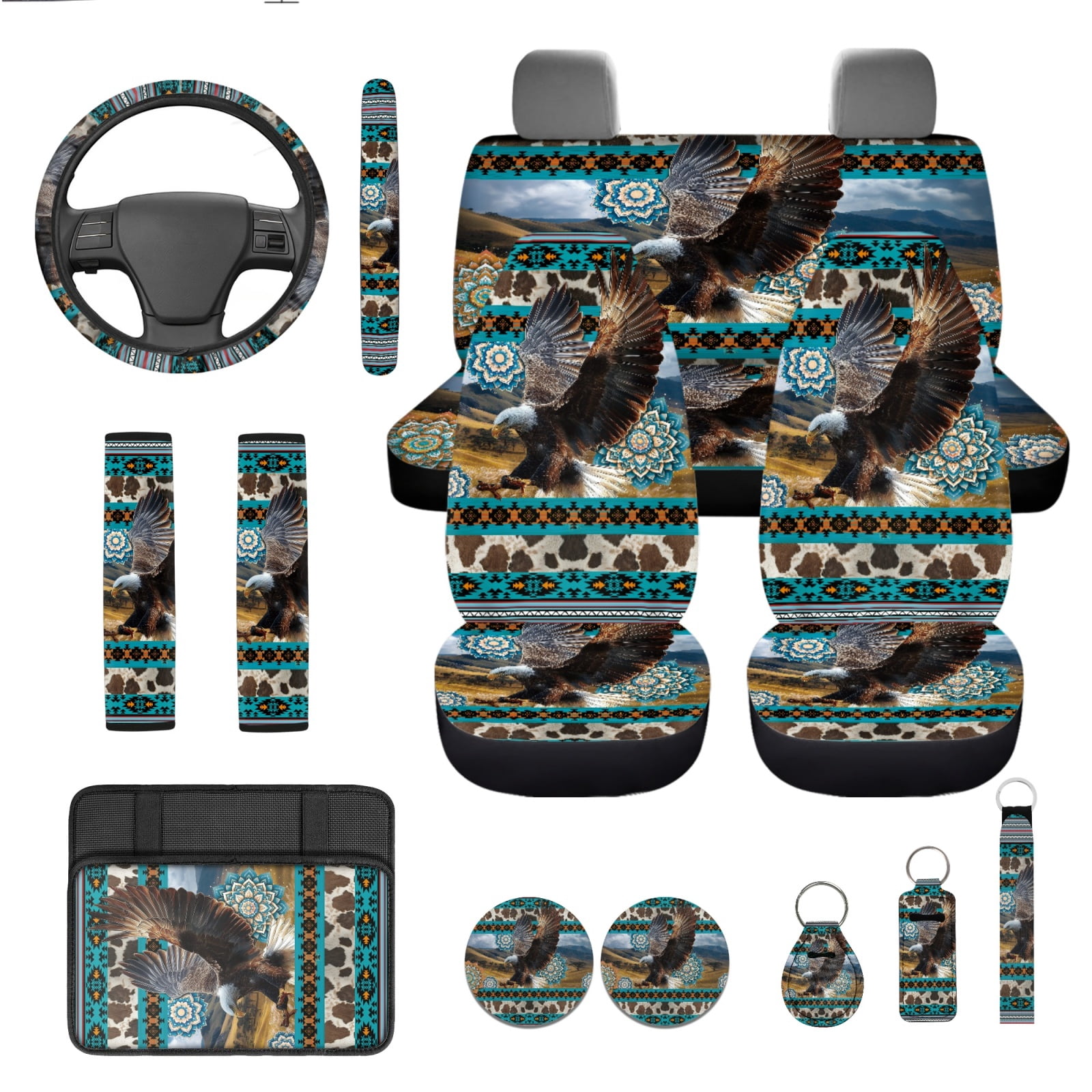 Yuyamidu Eagle Car Seat Cover Set of 13 Southwest Aztec Steering Wheel Cover Seat Belt Covers Car Armrest Cover Cup Holders Keychain 13 PCS Auto Accessories