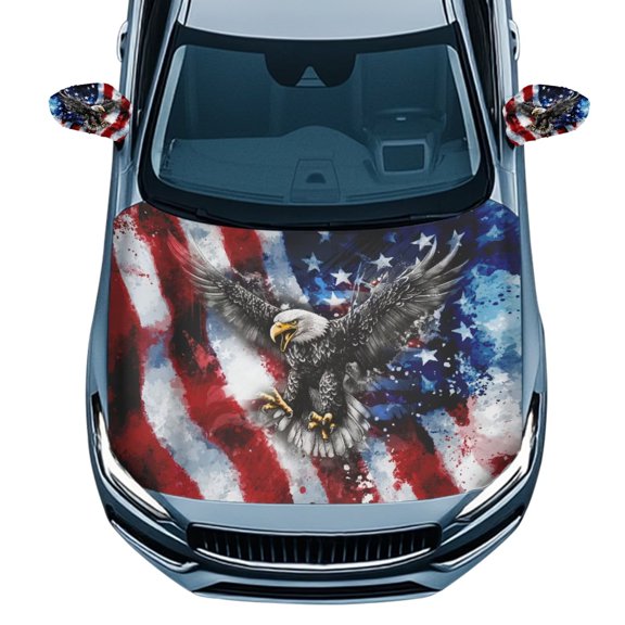 Yuyamidu Ealge Car Hood Cover and Auto Side View Mirror Cover Set of 3 USA Flag Vehicle Hood Protective Cover for Car Sedan Universal Mirrors Covers Car Decor Accessories, 4th of July