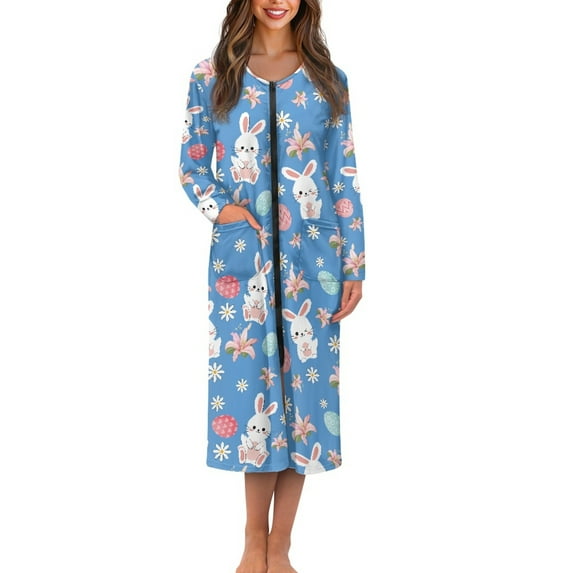 Yuyamidu Easter Egg Robe for Women Sexy Long Sleeve Gowns Sleepwear Size 2XL Rabbit Spa Robes Womens Pajamas Loungewear Blue Round Neck Bathrobe for Sleeping