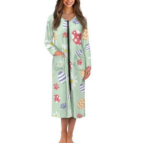 Yuyamidu Easter Egg Womens Robes Lightweight Zipper Front Loungewear Green Long Sleeve Robe for Women After Shower Soft Ladies Bathrobe Sleepwear Size M