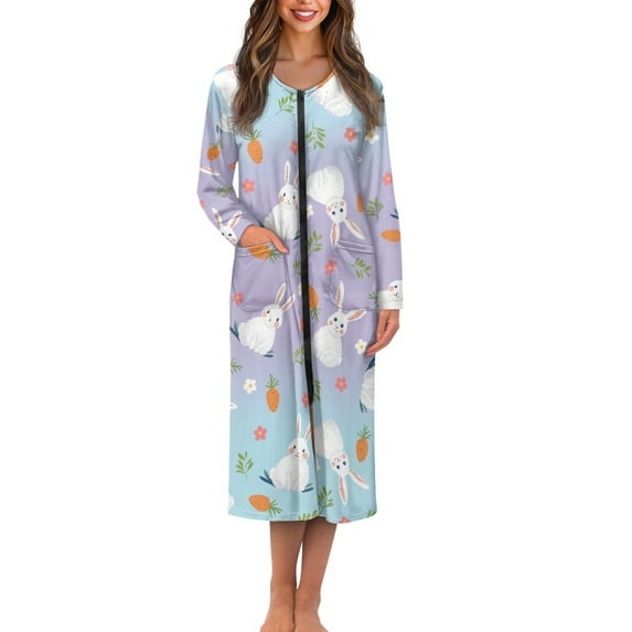Yuyamidu Easter Zipper Robe for Women Long Dressing Gown Rabbit Mid-Length Robes Size L Carrot Round Neck Bathrobe with Pocket Comfy Long Sleeve Loungewear for Sleeping