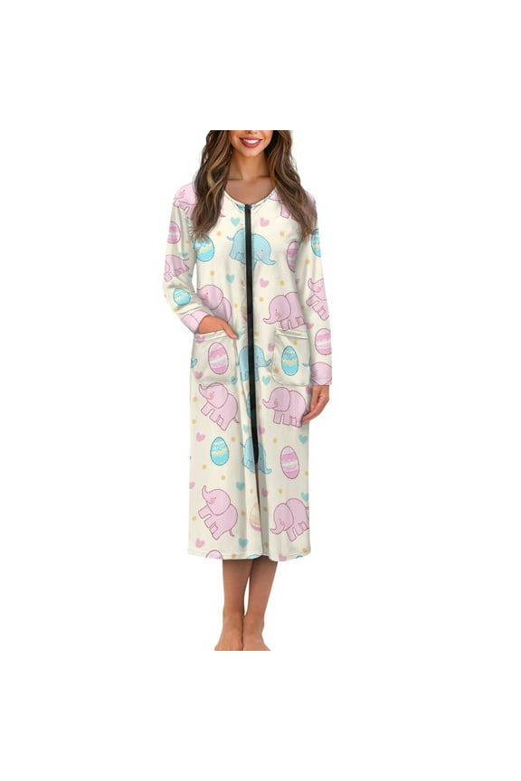 Elephant Zipper Front Robes Easter Egg Long Sleeve Bathrobe for Women Soft Round Neck Nightgowns Robe Breathable Pajama Dress Mid-Length Sleepwear Size 2XL