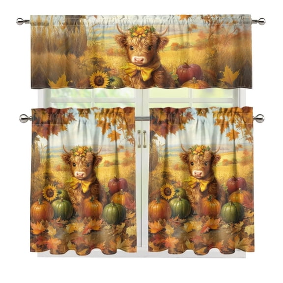 Yuyamidu Fall Kitchen Curtains and Valances 3 Panel Set Highland Cow Blackout Curtains for Bedroom Easy to Install Contemporary Trendy Valances Home Decor