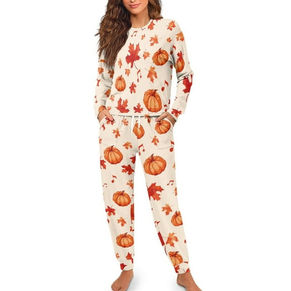 Yuyamidu Fall Maple Leaves Womens Pajama Sets Long Sleeve Long Pants Pumpkin Nightwear Set Size L 2pcs Lightweight Crewneck Lounge Wear Thanksgiving Sleepwear Pj Set