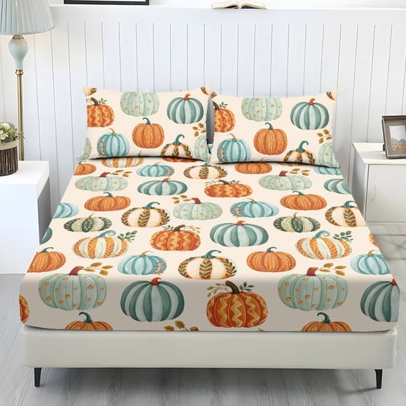 Yuyamidu Fall Pumpkin Short King Sheet Set, Soft Breathable 3 Pieces Set with Bottom Bedsheet & Pillowcases for Thanksgiving Home Decor