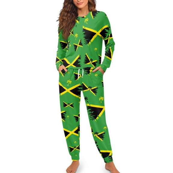 Yuyamidu Fall Winter Pajama Set for Women Jamaican Flag Long Sleeve Pajamas Set of 2 Coconut Tree Lounge Wear Size XL Loose Fitting Sleepwear Top Long Pants with Drawstring