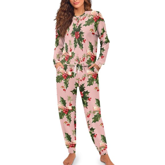 Yuyamidu Fall Winter Pajama Set for Women Poinsettia Long Sleeve Pajamas Set of 2 Christmas Night Wear Size XL Loose Fit Sleepwear Top Long Pants with Drawstring, Pink