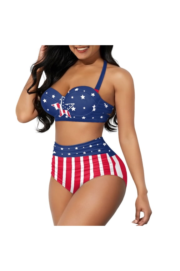 Fashion Lace up Bathing Suits for Women American Flag High Waisted Bikini Set, 2 Pcs Adjustable Strap Swim Suits Size M Summer Backless Swimsuit for Surfing Swimming