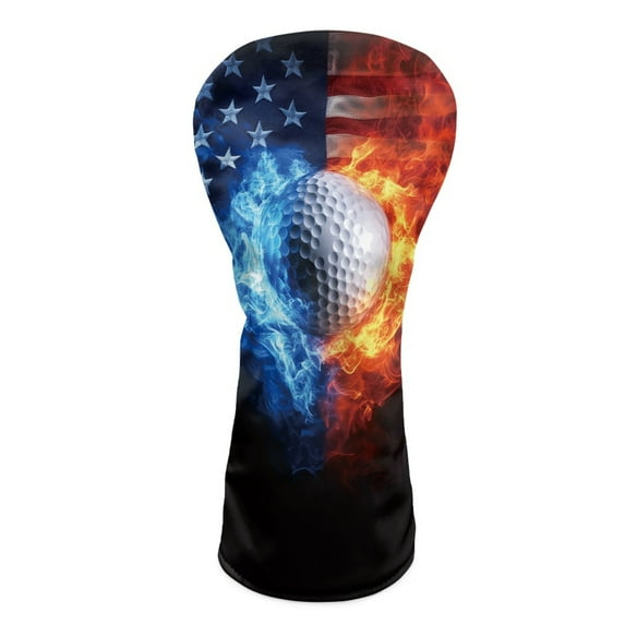 Yuyamidu Fire Golf Ball Golf Club Covers Driver Headcover Hybrid Headcover Fairway Wood Head Covers USA Flag Golf Headcovers PU Leather Golf Headcovers for Golf Clubs Men Women Golfer