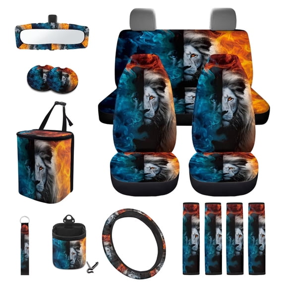 Yuyamidu Fire Lion Car Front Back Seat Covers with Car Steering Wheel Cover Seat Belt Pads Cup Coasters Garbage Cans Rear View Mirror Cover Keychain Air Vent Storage Holder Set of 15