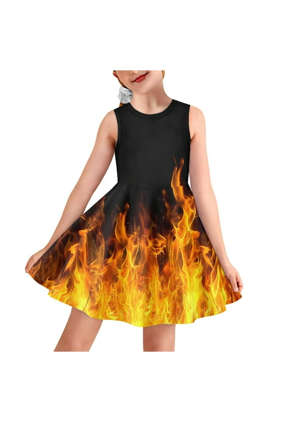 Fire Tank Dress Beach Dress Trendy Kids Sleeveless Dress Summer Spring Apparel for Girls Special Occasion Twirl Dresses Size 7-8 Years Old