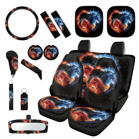 Yuyamidu Fire Wolf Car Seat Cover 16 PCS Galaxy Steering Wheel Cover Seat Belt Pad Handbrake Cover Set Car Sunshade Rearview Mirror Cover Coasters Key Chain Fashion Auto Accessories