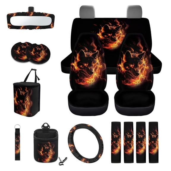 Yuyamidu Fire Wolf Car Seat Cover Set with Auto Steering Wheel Cover Seat Belt Strap Protector Cup Holder Trash Bag Air Vent Storage Pocket Rearview Mirror Cover Keychain, 15 Pieces
