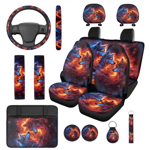 Yuyamidu Fire Wolf Car Seat Cover Set Galaxy Steering Wheel Cover Seat Belt Strap Headrest Covers Cup Holder Auto Armrest Cover Keychain, 14 PCS