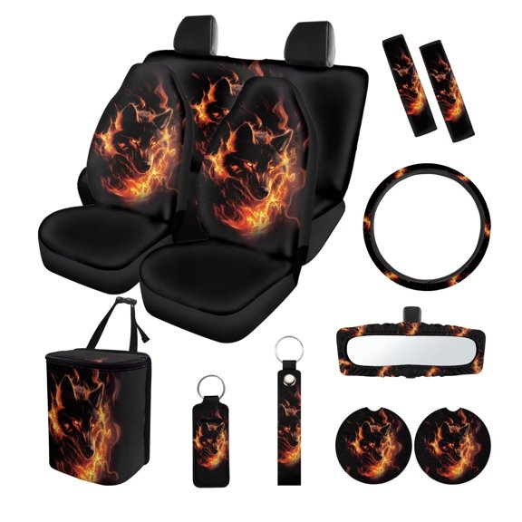 Yuyamidu Fire Wolf Car Seat Covers Full Set with Steering Wheel Cover Seat Belt Cover Trash Bag Rearview Mirror Cover Keyrings Lipstick Holder 13 Pack Fit for Most Vehicles