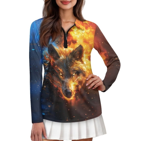 Yuyamidu Fire Wolf Golf Shirts Women Galaxy Golf Top Long Sleeve Tennis T-shirt Breathable 1/4 Zip Up Sports Outfits Size 2XL
