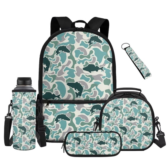 Yuyamidu Fish Camo Kids Backpack for Girls Boys 6-10, 1st-4th Grade School Bag Set of 5, 17 Inch Lightweight Bookbag with Lunch Box, Pencil Case, Water Bottle Pouch & Keychain, Back to School