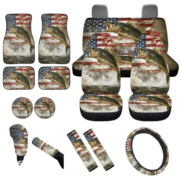 Yuyamidu Fish Car Seat Covers Full Set of 15 American Flag Car Carpet Mats Steering Wheel Cover Seat Belt Strap Pads Cup Coasters Handbrake Cover Set