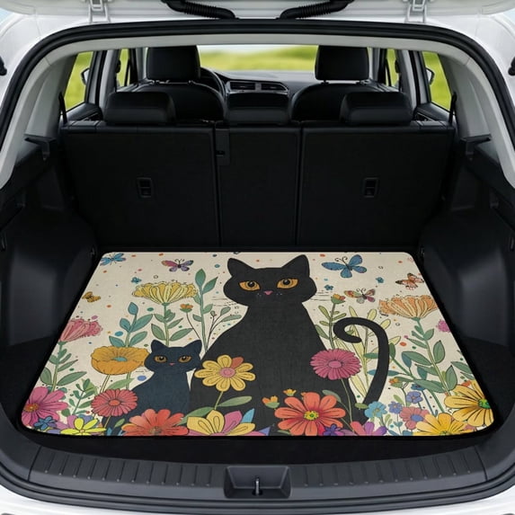 Yuyamidu Floral Black Cat Car Trunk Mat 29" x 39", All Weather Non-Slip Rear Cargo Liner, Machine Washable Trunk Mat for Hatchback Sedan Truck SUV Vehicle Interior Accessories