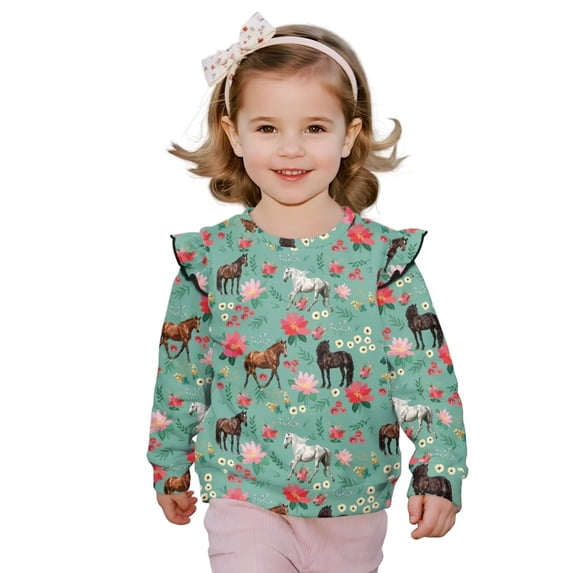 Yuyamidu Floral Horse Sweatshirt for Girls 4T 5T Green Ruffle Shoulder Long Sleeve Top Y2K Graphic Crewneck Sweatshirt Pullovers Soft Lightweight Everyday Clothes for Fall Winter