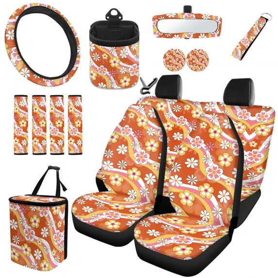 Yuyamidu Flower Car Seat Cover for Women Orange Steering Wheel Cover Seat Belt Strap Pad Trash Bag Hanging Storage Bag Rearview Mirror Accessory Cup Holder Key Chain 15 Pieces