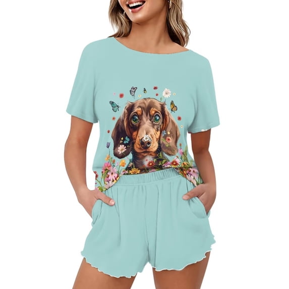 Yuyamidu Flower Dachshund Summer Pjs for Women Set, Women Floral Pajama Lounge Sets 2 Piece Top and Shorts Sleepwear Comfy Soft Lounge Set with Pockets