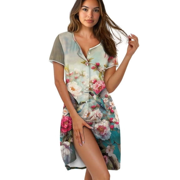 Yuyamidu Flower Hummingbird Women's Nightgown Elegant Button Down Sleepwear Pajama Dress Short Sleeve Sleep Shirt Nightshirt