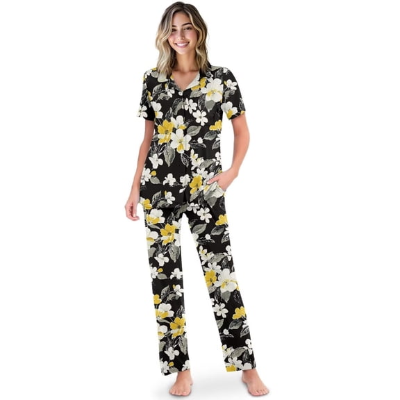 Yuyamidu Flowers Womens Pajamas Set Short Sleeve Sleepwear Button Down Pjs Loungewear Button Down Notch Collar Pjs Set with Pockets