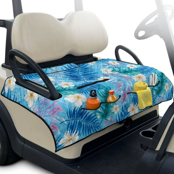 Yuyamidu Frangipani Golf Cart Seat Covers with 4 Pockets Palm Leaves Golf Cart Towel Seat Covers Portable Travel Sportas Golf Cart Seat Cover for Club Car Accessories Decor