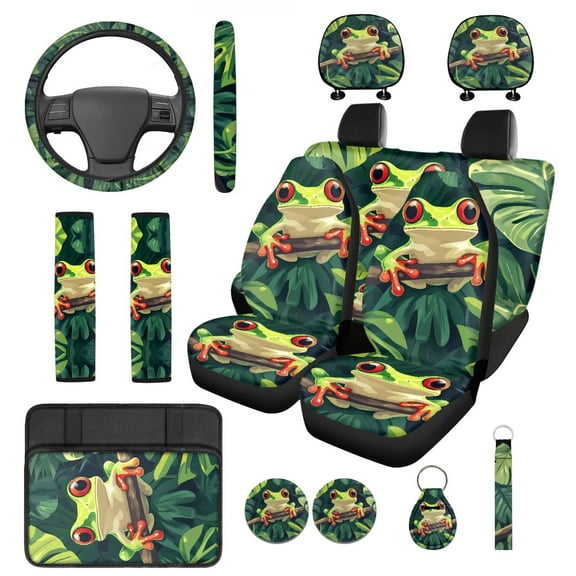 Yuyamidu Frog Car Seat Cover Full Set of 14 Palm Leaves Steering Wheel Cover Seat Belt Covers Center Console Pad Headrest Covers Cup Coasters Keychain, Green