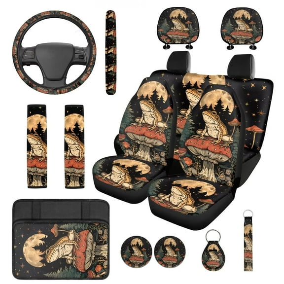 Yuyamidu Frog Car Seat Cover Full Set with Steering Wheel Cover Seatbelt Pads Mushroom Car Armrest Cover Headrest Covers Cup Coaster Key Chain 14 PCS
