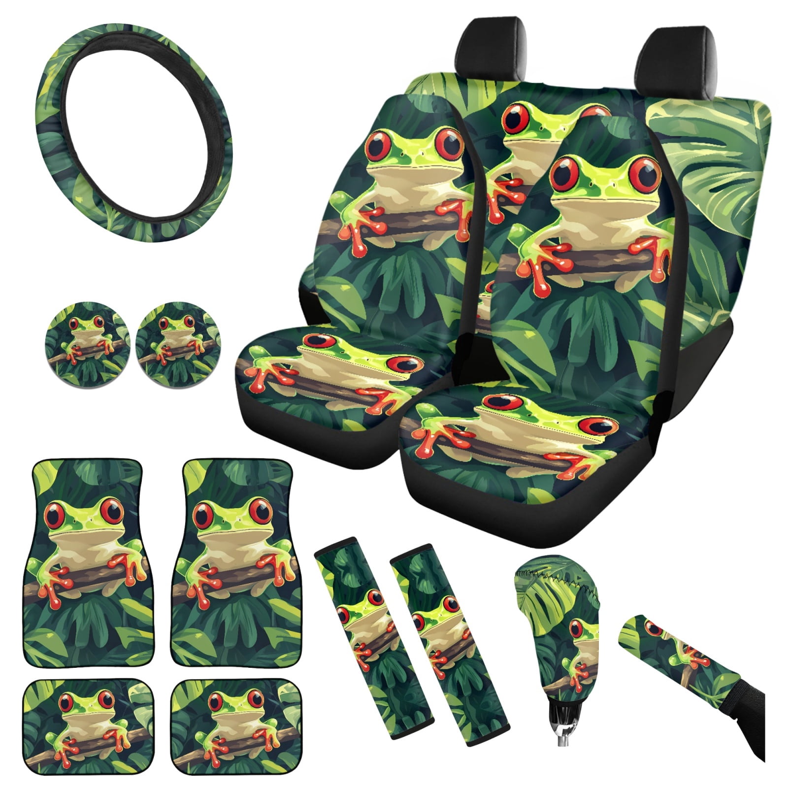 Yuyamidu Frog ar Seat Cover Full Set of 15 Palm Leaves Car Floor Mats Steering Wheel Cover Seat Belt Strap Pads Cup Coasters Gear Shift Knob Cover, Green