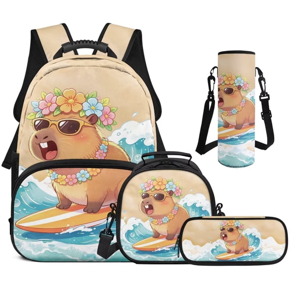 Yuyamidu Funny Capybara Backpack and Lunch Bag Set for Girls Boys Book Bag and Lunch Box Kids Bookbag with Lunchbox + Pencil Case + Water Bottle Bag 5th Grade Back Packs Preppy