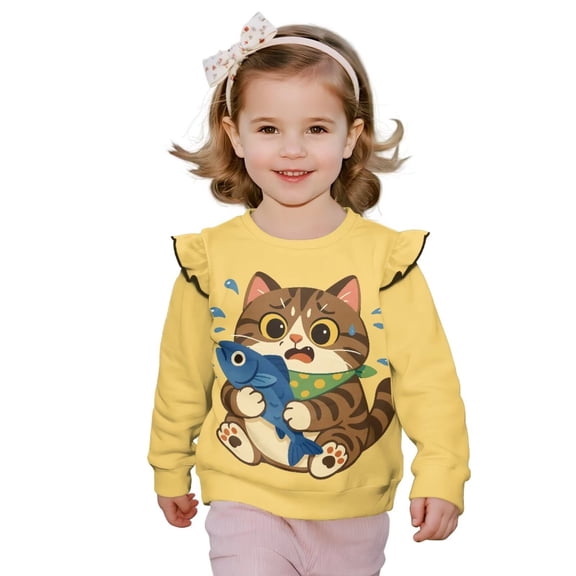 Yuyamidu Funny Cat Sweatshirt for Girls Size 7-8 Yellow Ruffle Shoulder Long Sleeve Pullover Tops Cute Animal Print Sweatshirt Playwear for School Outdoor Play