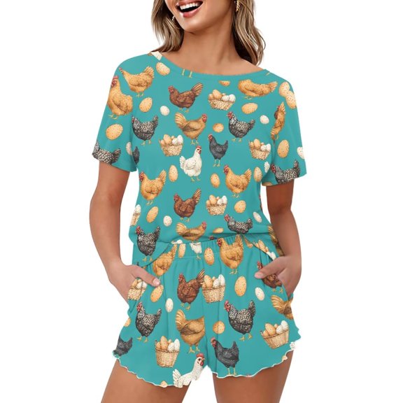 Yuyamidu Funny Chicken Womens Summer Pjs Set Short Sleeve Top With Short Pants Sleepwear Crew Neck Lounge Set Pjs Soft 2 Piece Lounge Sets