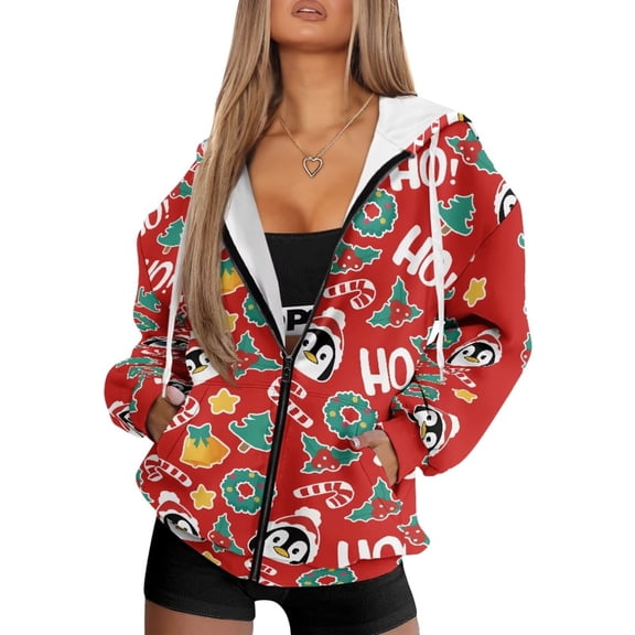 Yuyamidu Funny Christmas Sweatshirt Womens Zip Up Hoodies Penguin Hoodie Women's Fashion Hoodies & Sweatshirts Travel Hoodie with Hidden Pockets 3XL