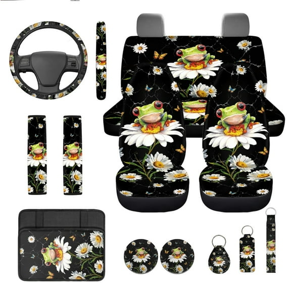 Yuyamidu Funny Frog Auto Seat Covers Daisy Steering Wheel Cover Seatbelt Strap Pad Armrest Cover Pad Cup Holders Key Chain Lip Gloss Holder Car Accessories Set of 13