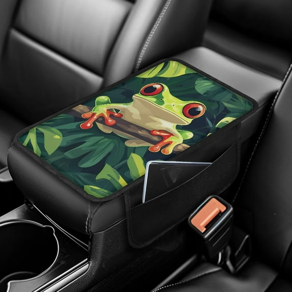 Yuyamidu Funny Frog Car Center Console Cover with Storage Pockets Cute Car Arm Rest Cushion Pad Car Interior Accessories Green Auto Armrest Cover Pad