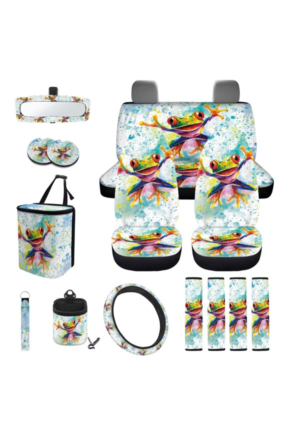Funny Frog Car Seat Cover 15 PCS Auto Front Back Seat Cover Steering Wheel Cover Seat Belt Pads Trash Bin Mount Phone Holder Rearview Mirror Cover Cup Holder Keychains Wristlet Strap