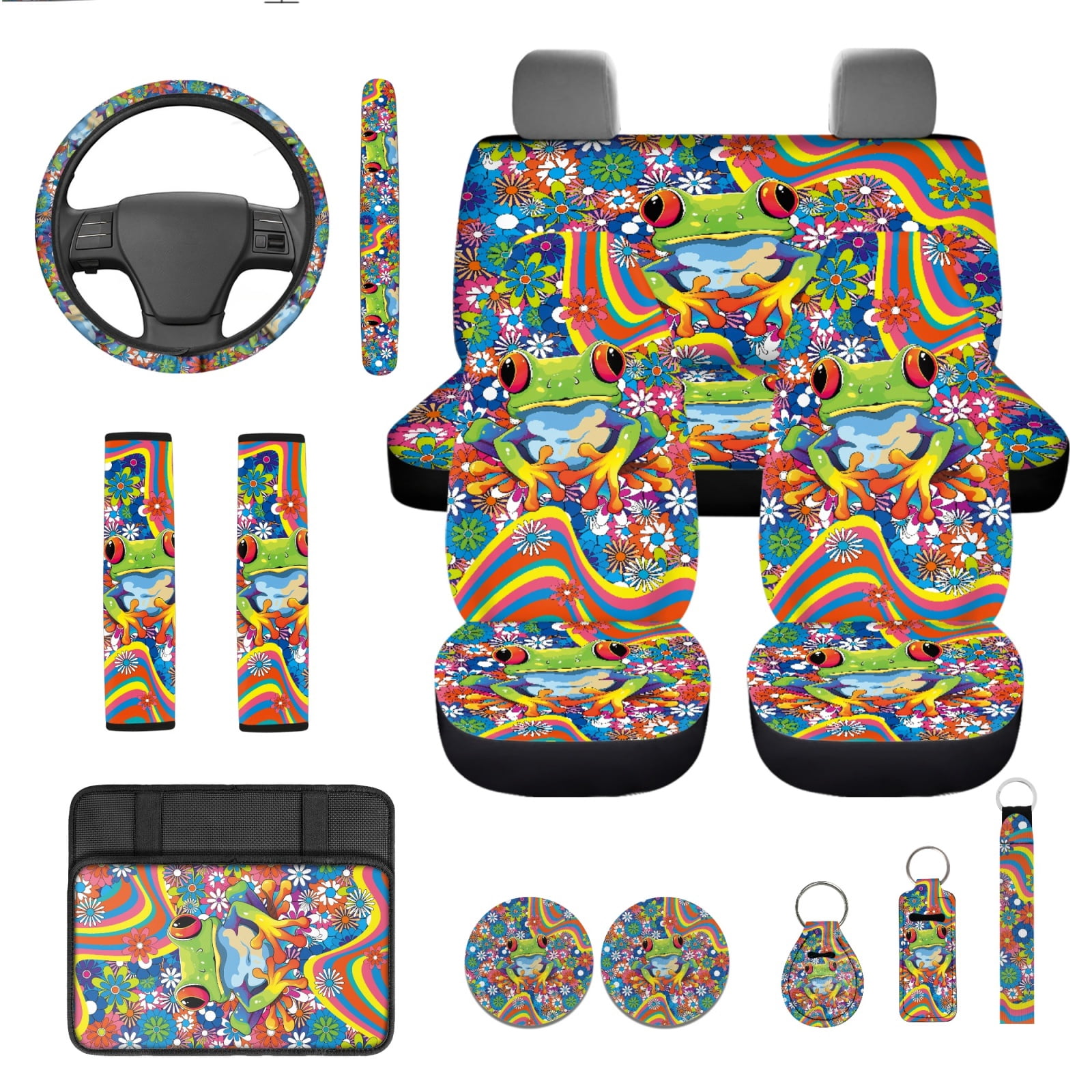 Yuyamidu Funny Frog Car Seat Covers Full Set of 13 Hippie Floral Steering Wheel Cover Auto Seat Belt Cover Coaster Armrest Cover Keychain Lip Gloss Bag Auto Accessories