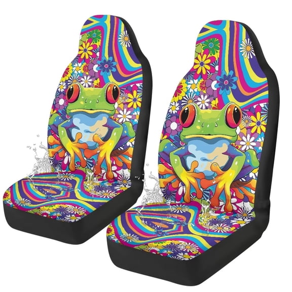 Yuyamidu Funny Frog Car Seat Covers Set for Front Only Hippie Flowers Seat Covers for Cars Saddle Blanket, Auto Interior Accessories