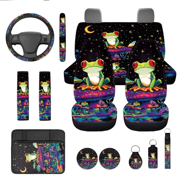 Yuyamidu Funny Frog Car Seat Covers Set of 13 Mushroom Steering Wheel Cover Seat Belt Pads Armrest Seat Box Cover Coasters Keychain Auto Accessory