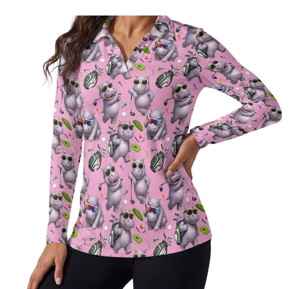 Yuyamidu Funny Hippo Womens Long Sleeve V-Neck Sweat-Wicking Golf Shirts Soft Stretchy Fabric, Regular Fit for All Body Types, Suitable for Tennis, Hiking, Workout, Casual Daily Wear, Pink