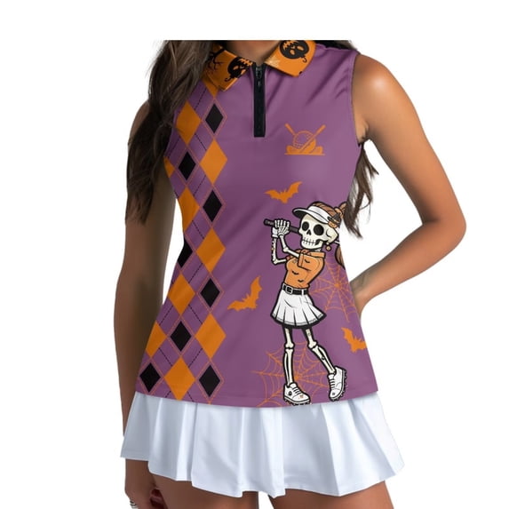 Yuyamidu Funny Skeleton Women' Sleeveless Golf Shirts Athletic Shirts Stretchy Breathable Fabric, Slim Flattering Fit, Suitable for Golf Practice, Tennis Events, Casual Halloween, Easy to Care