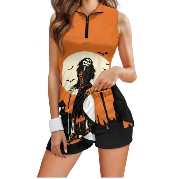 Yuyamidu Funny Skeleton Womens Tennis Dress with Built in Shorts Orange Halloween 1/4 Zip Collar Short Dress with Pockets Athletic Sleeveless Golf Outfits for Women